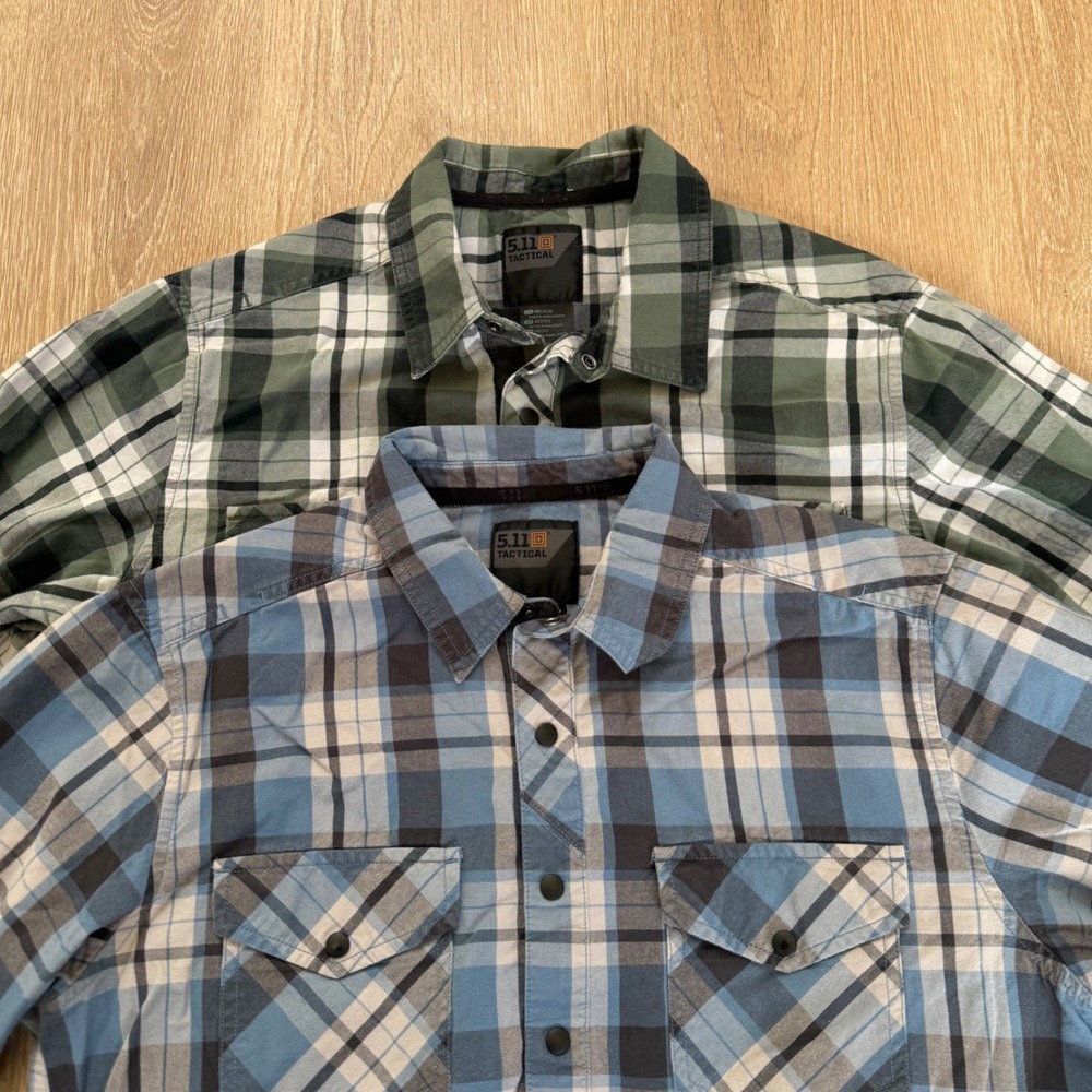 5.11 Tactical Plaid Snap Button Shirt Men Medium Blue Green Lot of 2 Long Sleeve - Picture 3 of 11